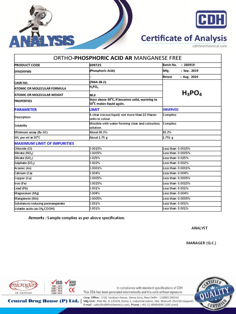 Certificate of Analysis PDF Manganese Sulfate
