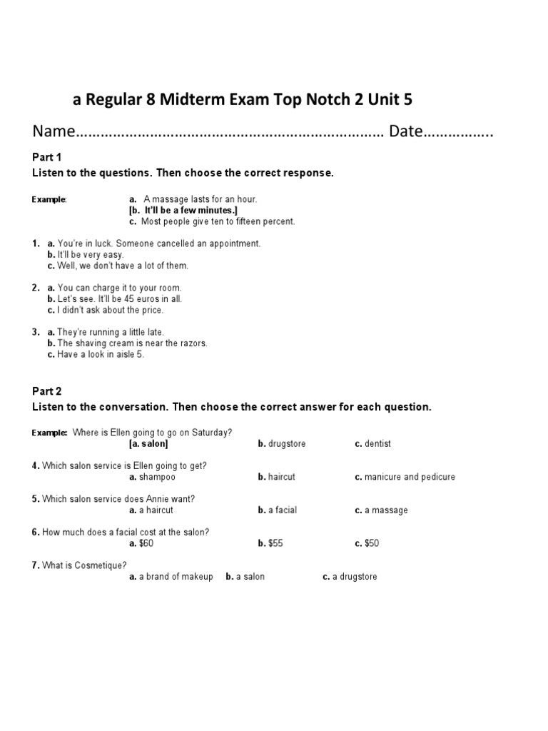 A1 Regular 8 Midterm Exam Top Notch 2 Unit 5 PDF Beauty