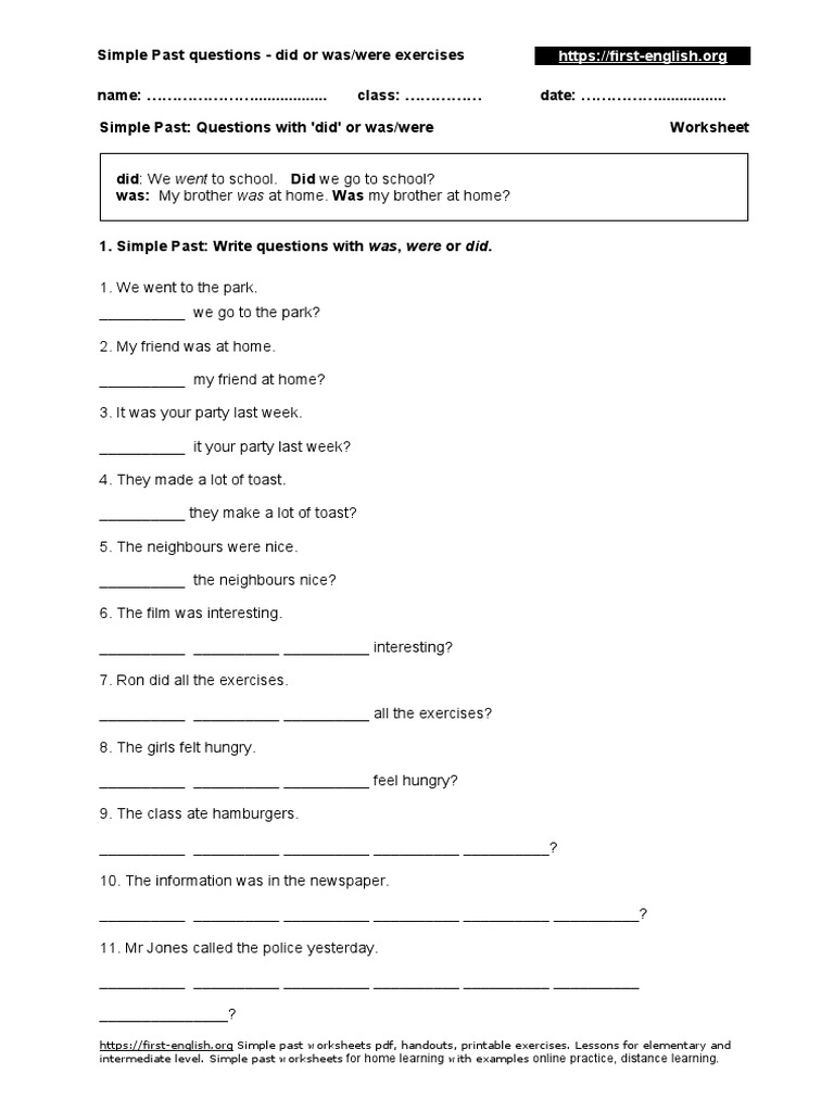 Simple Past Questions Worksheet PDF