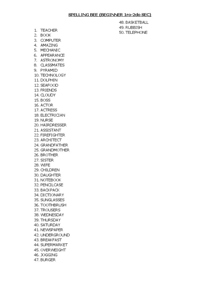 Spelling Bee List_beginner 12 Sec PDF