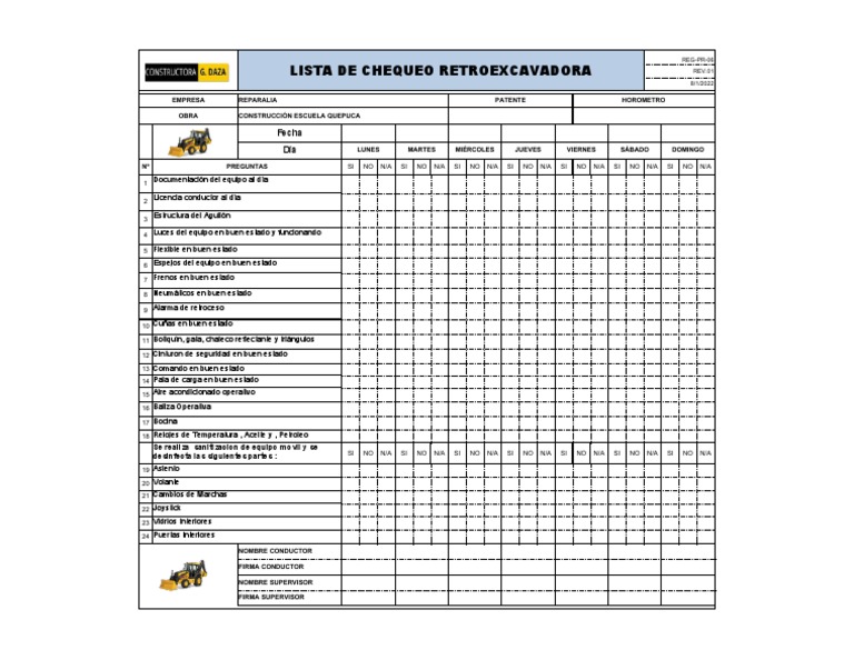 Check List Retroexcavadora | PDF