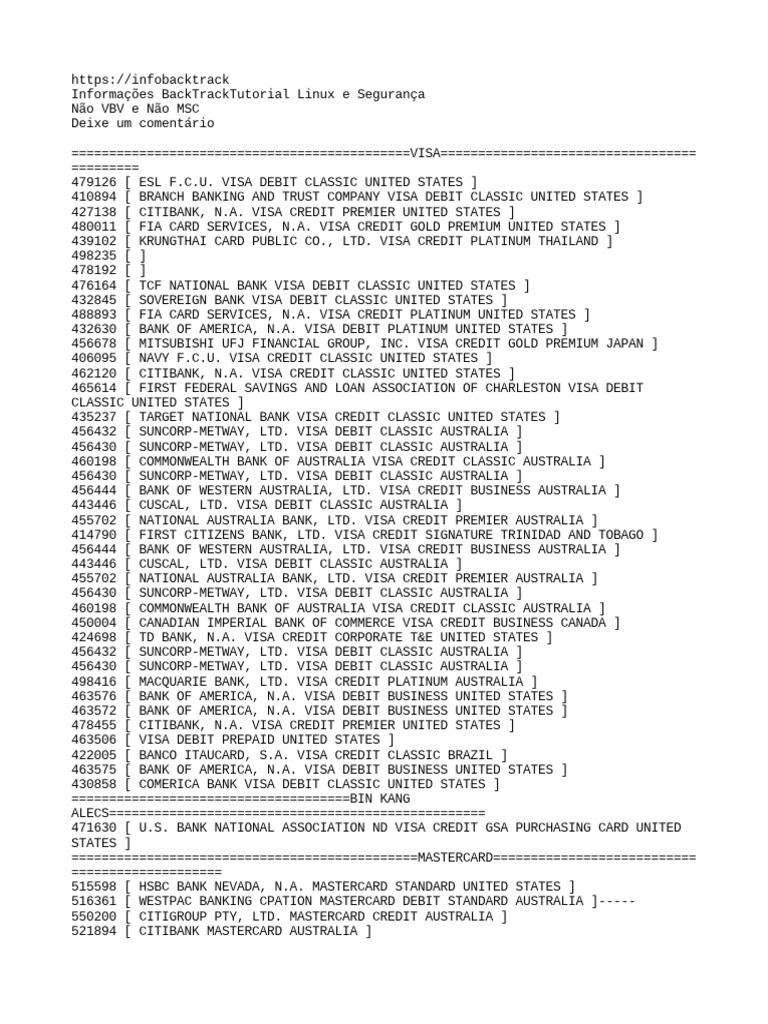 InfobacktrackNOM MSC BINs PDF Debit Card Visa Inc.