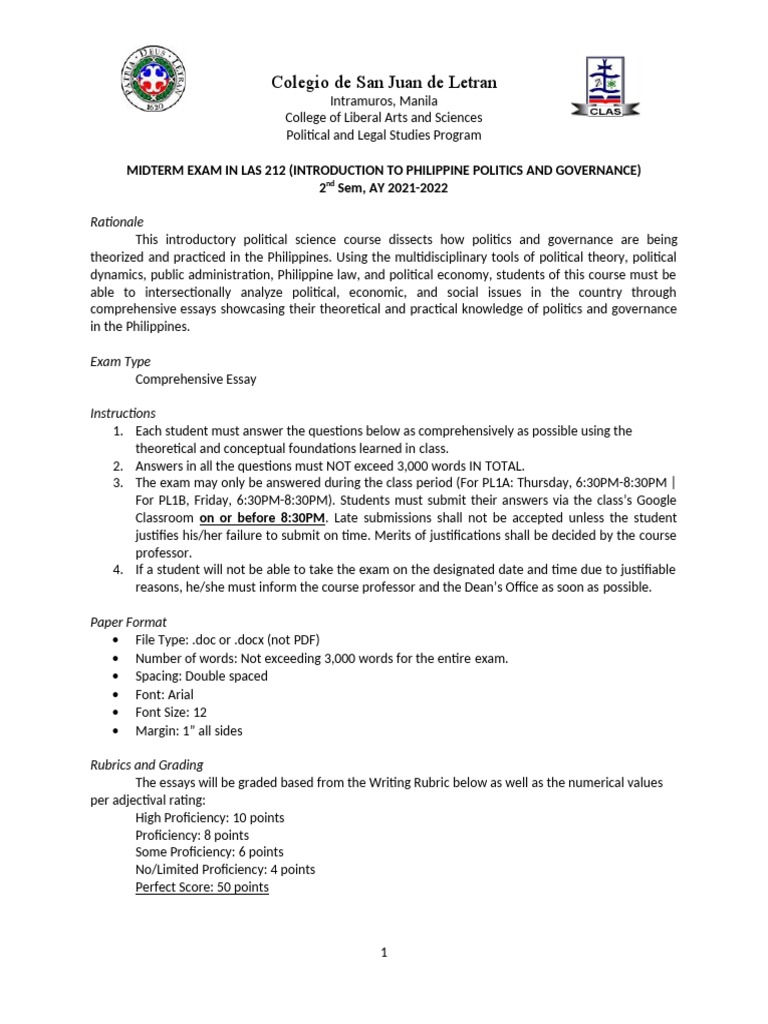 Philippine Politics Midterm Exam Guide | PDF | Test (Assessment)