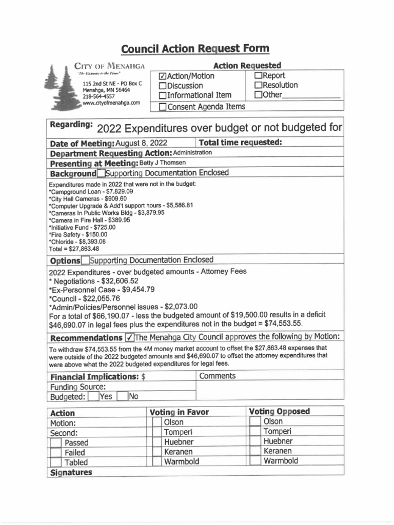Menahga City Council Resolution Over Expenditures PDF