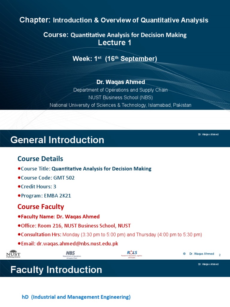 Introduction & Overview of Quantitative Analysis Course Quantitative Analysis For Decision