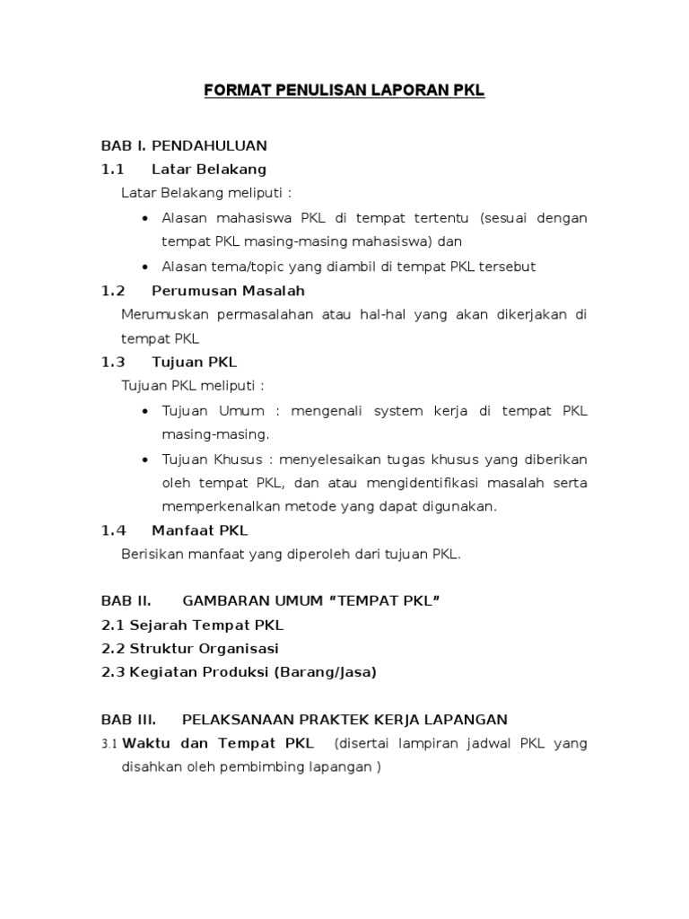 Format Penulisan Laporan PKL