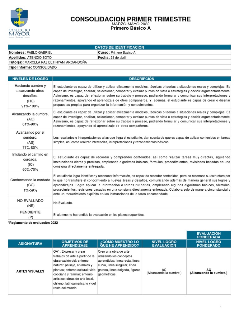 Informe de Evaluación Primer Trimestre 2022 | PDF | Aprendizaje ...
