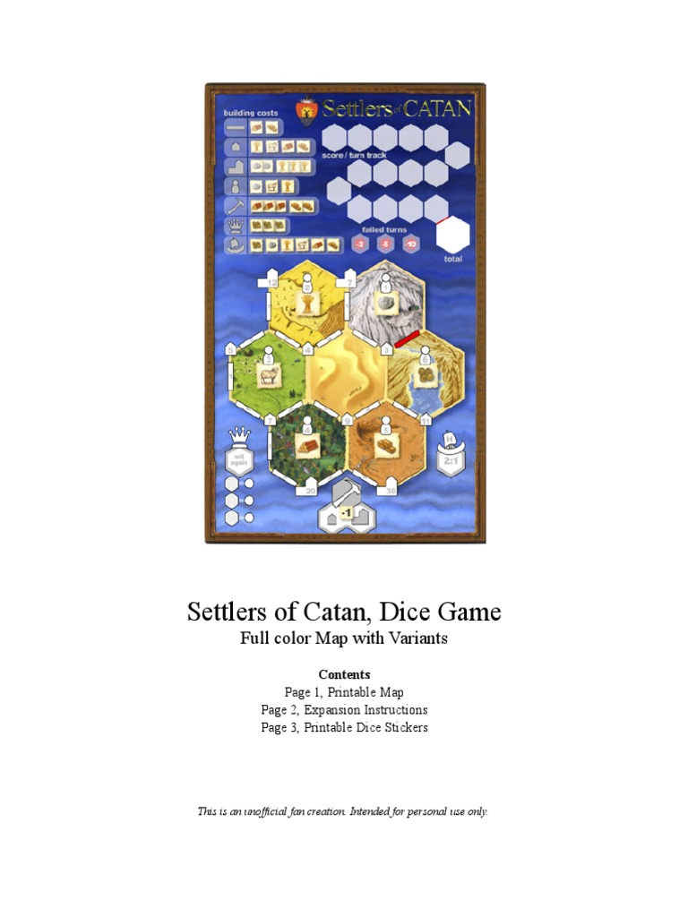 Settlers of Catan, Dice Game Full Color Map With Variants PDF