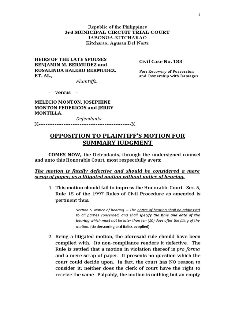 Opposition to Summary Judgment Motion | PDF | Pleading | Summary Judgment