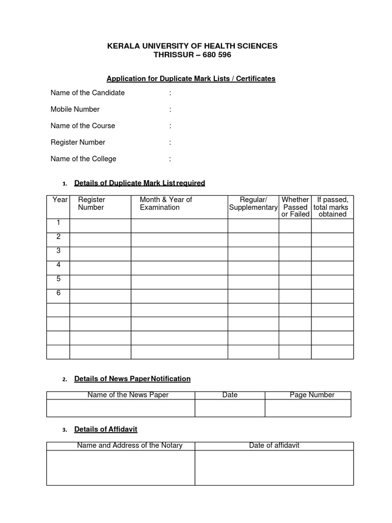 Duplicate Mark List Application Form | PDF | Notary Public | Newspapers