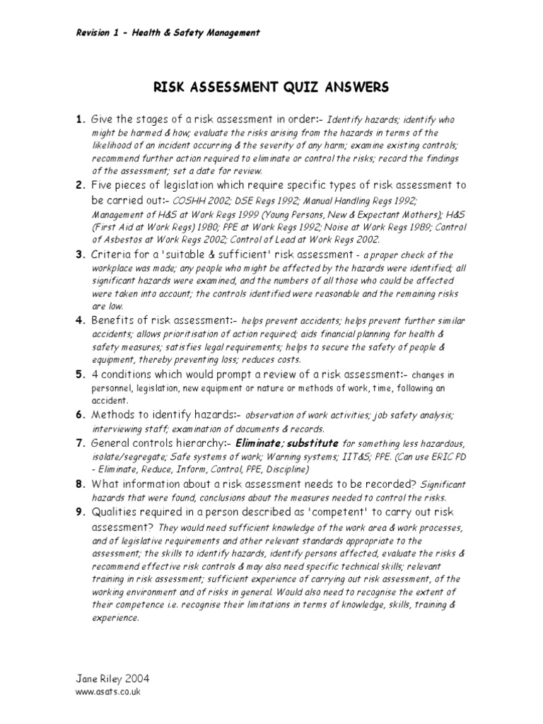 RISK ASSESSMENT QUIZ ANSWERS (Confer) PDF Risk Risk Assessment