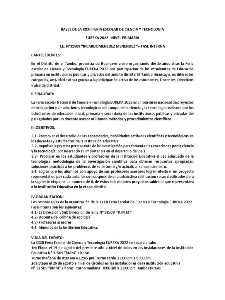 Bases de la Feria Escolar Eureka 2022 | PDF | Evaluación | Maestros