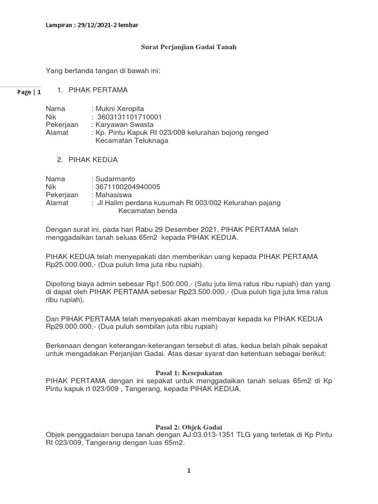 Surat Perjanjian Gadai Tanah 2021 | PDF