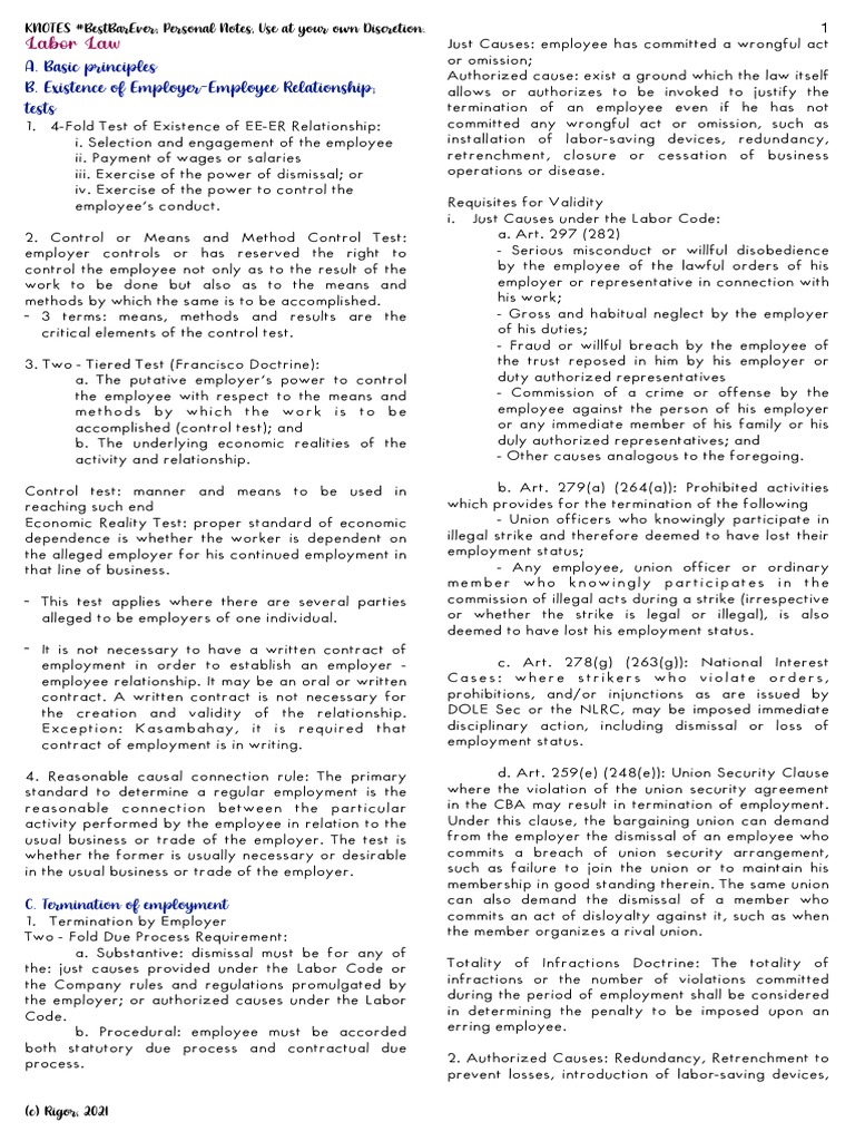 Labor Law A. Basic Principles B. Existence of EmployerEmployee