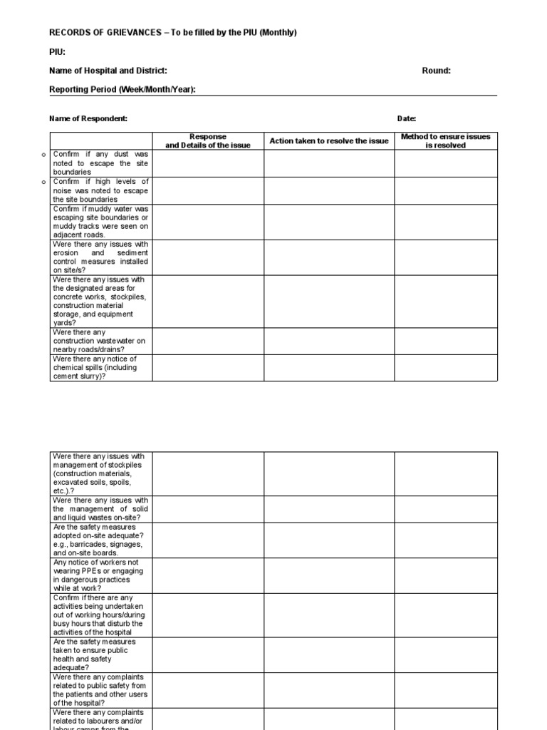 Records of Grievances PIU (Monthly) PDF