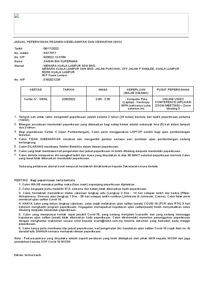 Niosh Sho Schedule | PDF