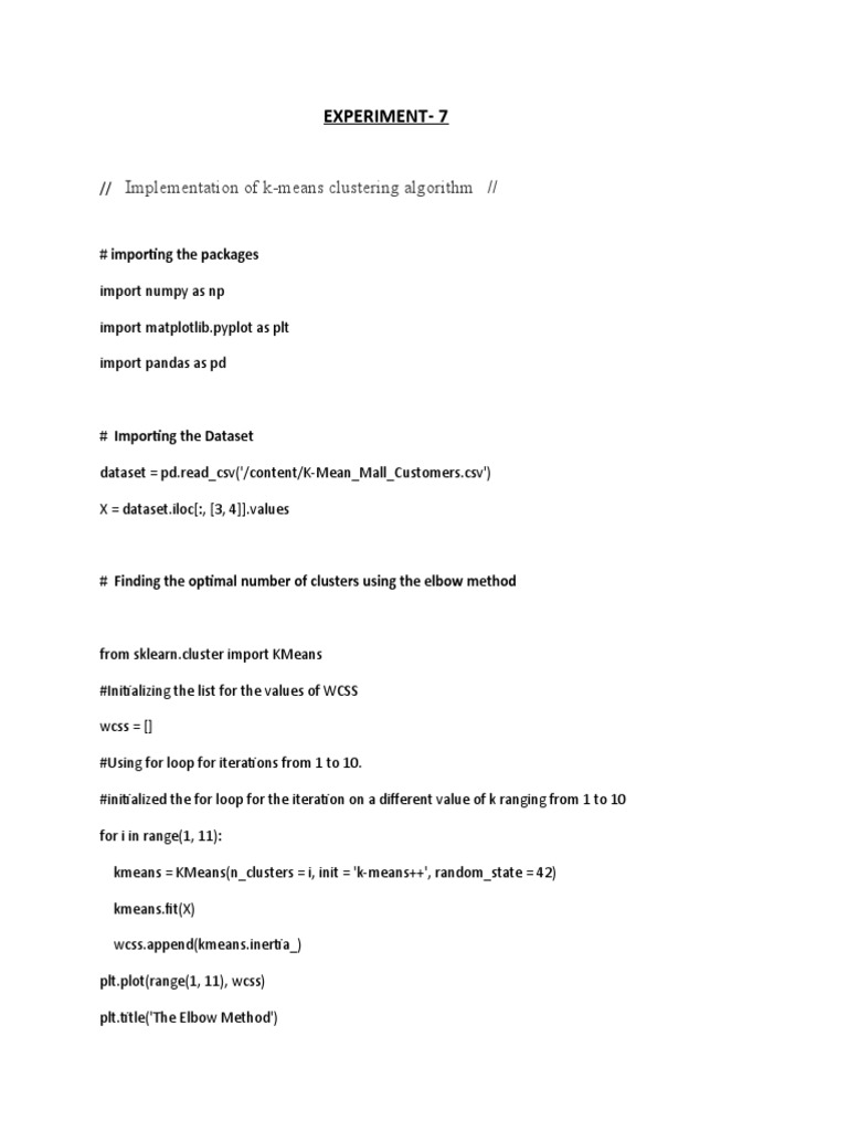 Experiment-7: Implementation of K-Means Clustering Algorithm | PDF ...