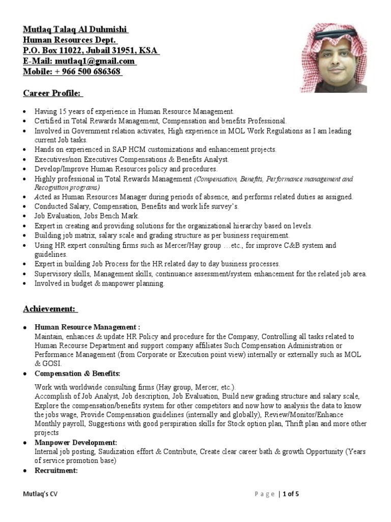 Mutlaq Talaq Al Duhmishi Human Resources Dept. P.O. Box 11022, Jubail