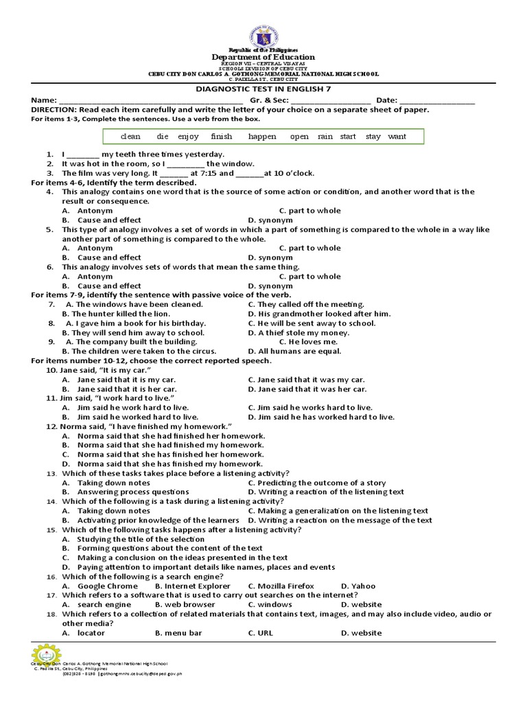 Diagnostic Test English 7 | PDF | Communication | Websites