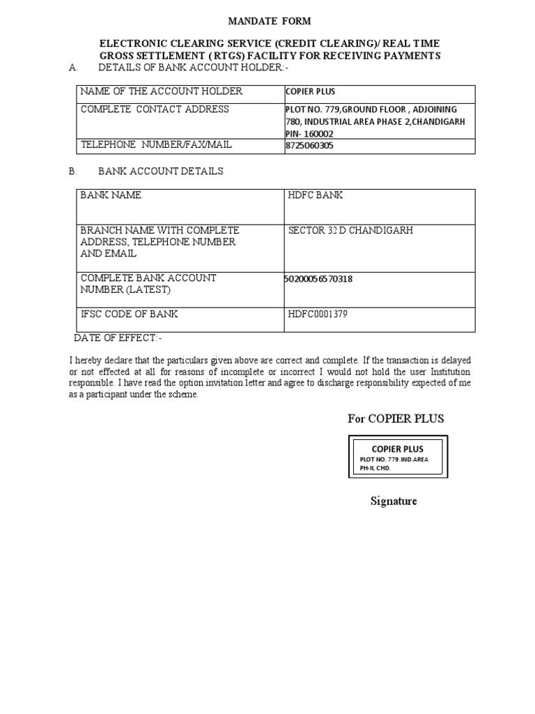 Bank Mandate Form PDF