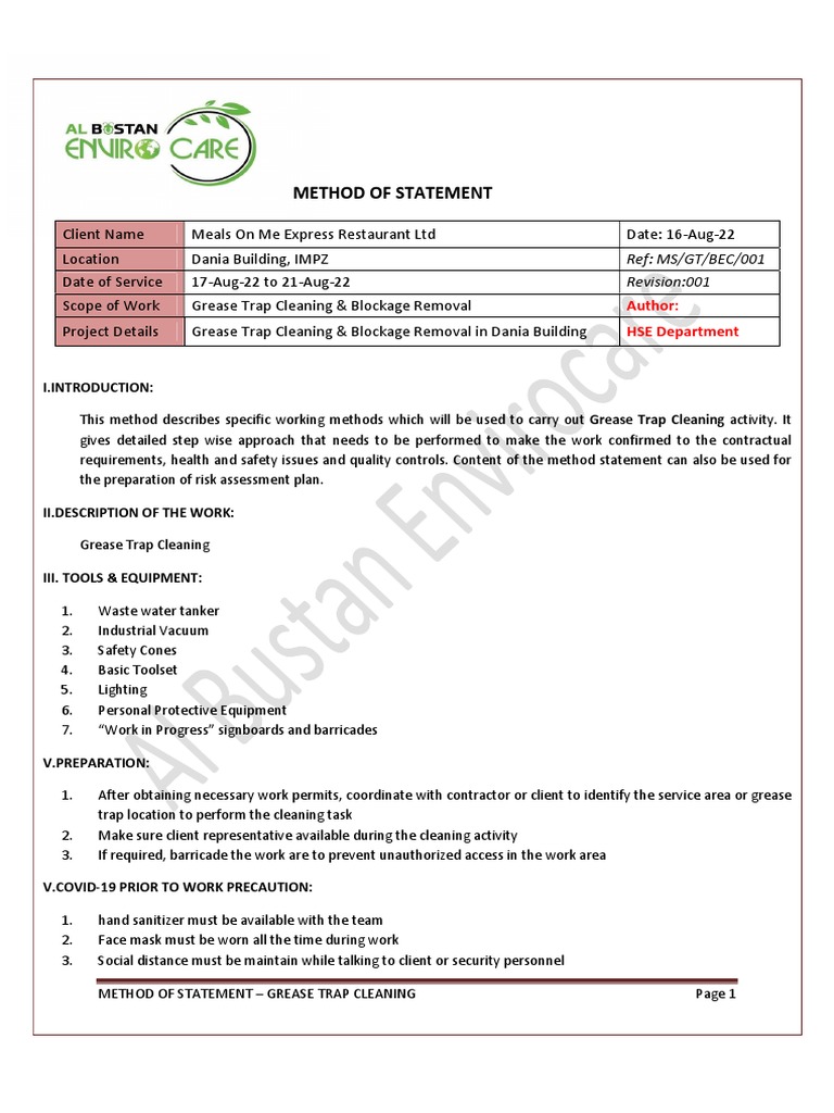 Method of Statement Grease Trap Cleaning PDF Personal Protective