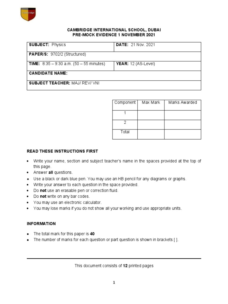 Yr.12 Physics Pre-Mock Structured | PDF | Force | Momentum