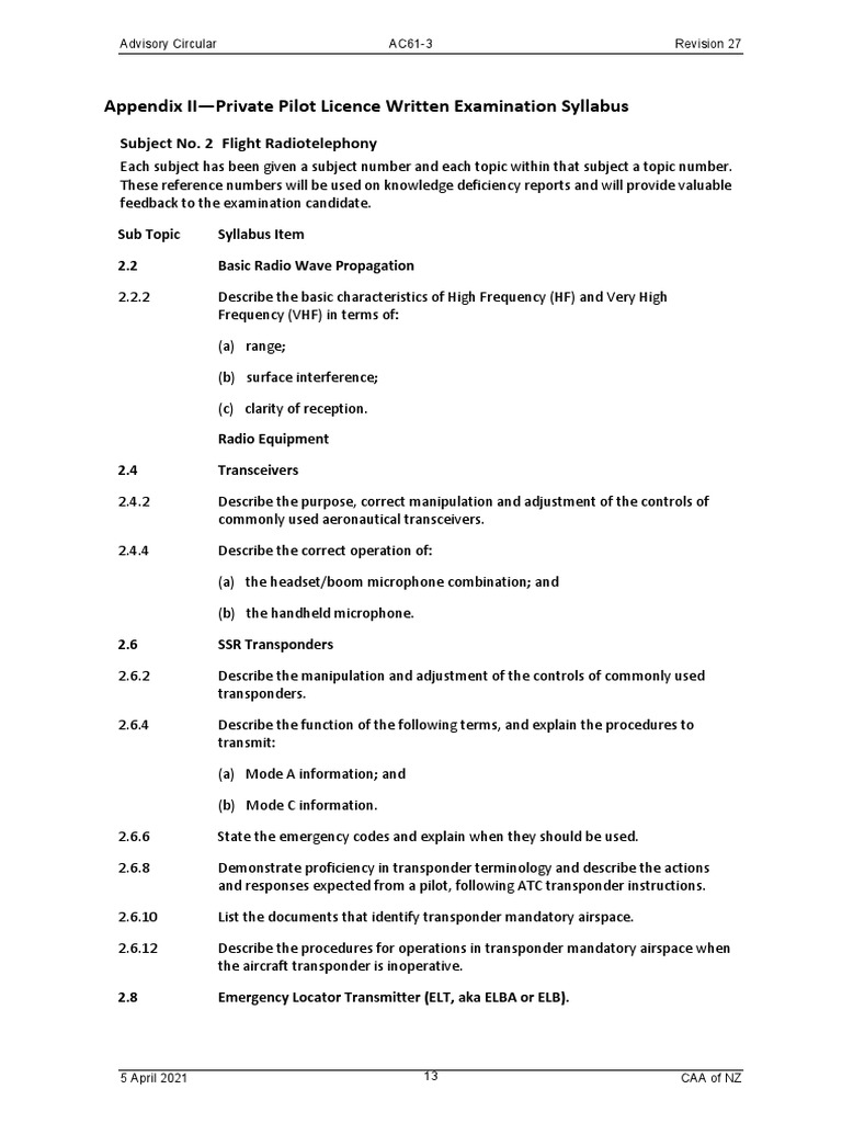 PPL Radiotelephony Exam Syllabus | PDF | Transponder (Aeronautics) | Radio