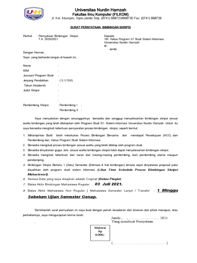 Surat pernyataan bimbingan skripsi 2020 2 pdf