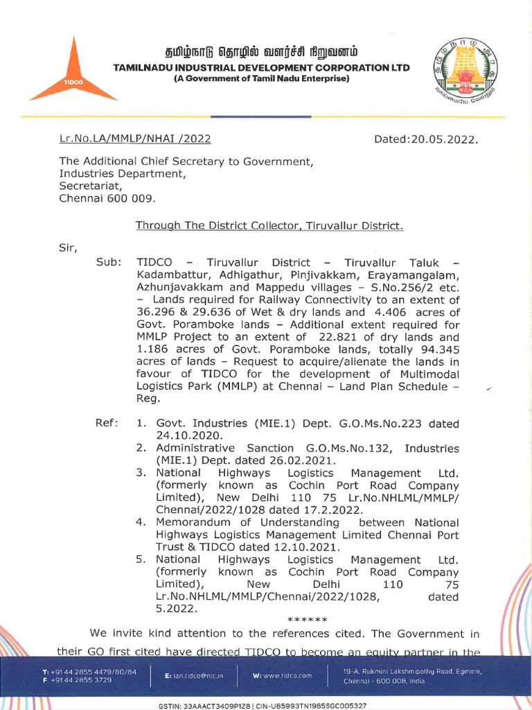 LPS Sent To The District Collector, Tiruvallur On 20.05.2022 (MMLP Addl  Land) | PDF