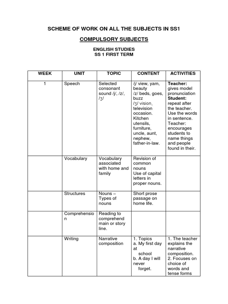 Scheme of Work for English Studies in Secondary School Class One (SS1 ...