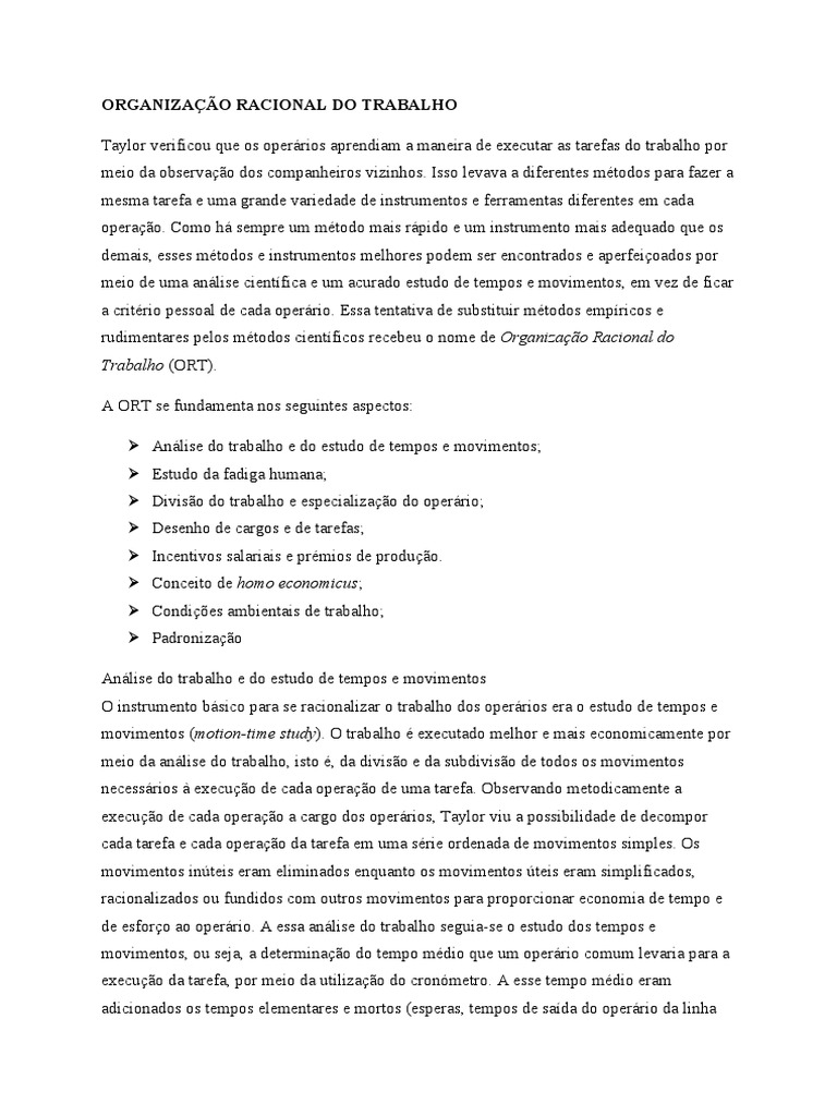 A Organização Racional do Trabalho segundo Taylor: princípios, métodos ...