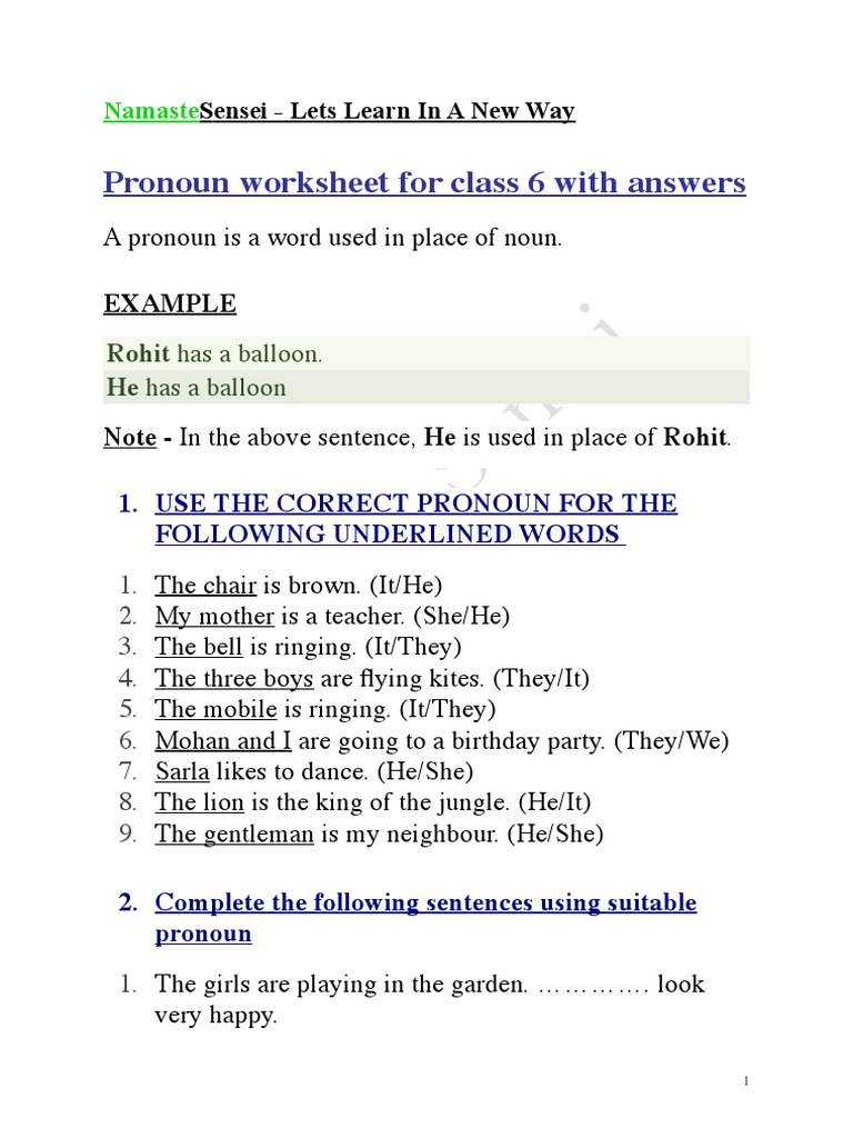 Pronoun Worksheet For Class 6 With Answers | PDF