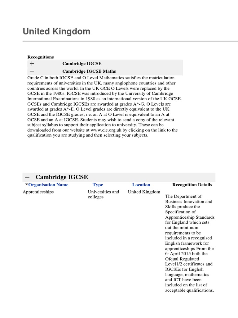 Cambridge IGCSE Recognition Guide | PDF | Educational Organizations ...