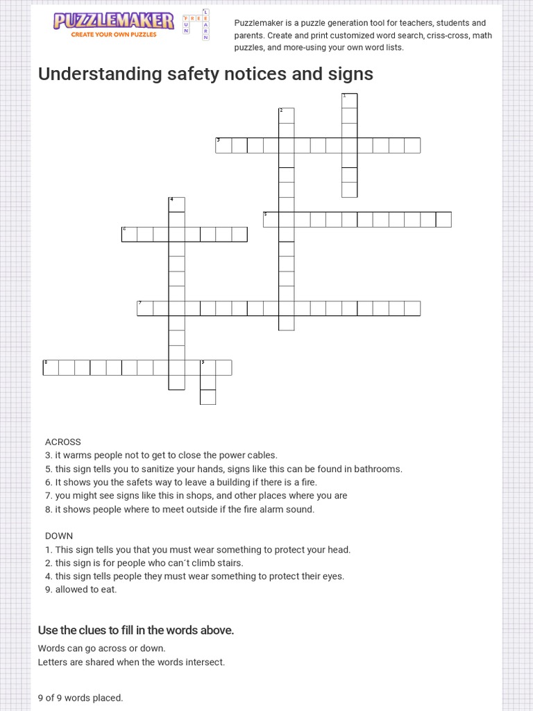 Understanding safety signs and their meaning crosswords PDF