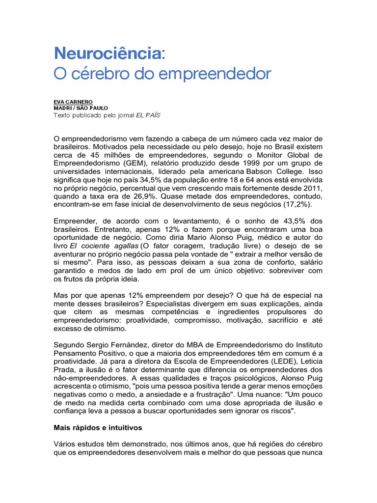 Texto 01 - Neurociência - o - Cérebro - Do - Empreendedor | PDF ...
