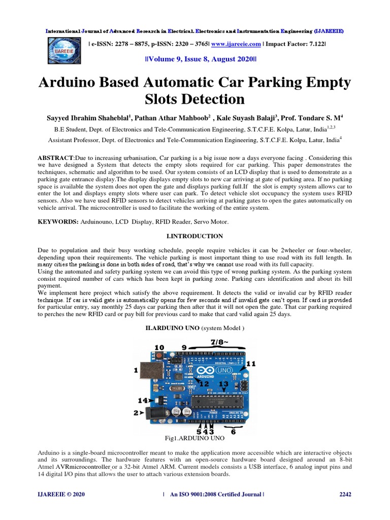Arduino Based Automatic Car Parking Empty Slots Detection: - Volume 9 ...