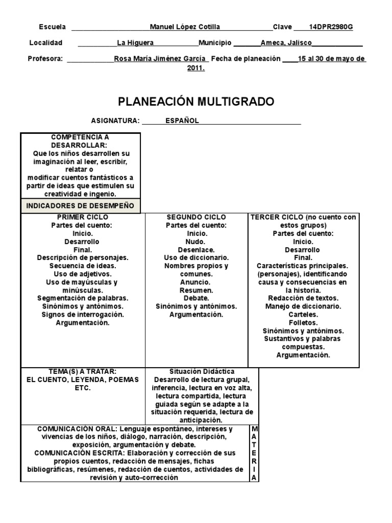 Planeacion Multigrado | Cuentos | Lectura (proceso)