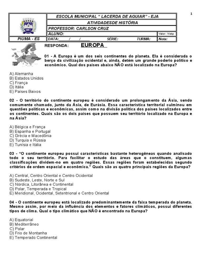 Atividade Europa 9 Ano | PDF | Europa | Ásia