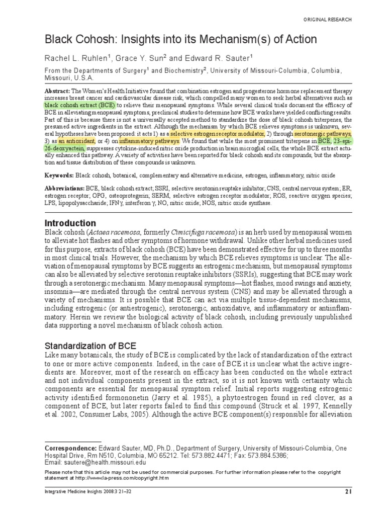 Black Cohosh Insights Into Its Mechanism(s) of Action PDF Estrogen