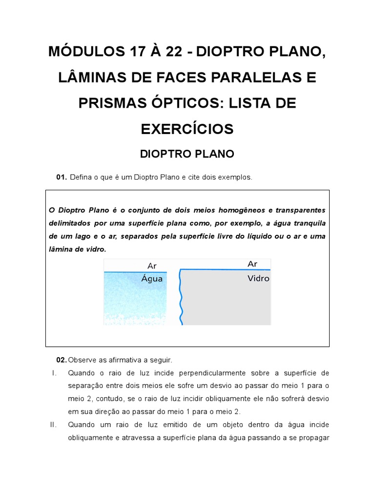 Exercícios sobre Dioptro Plano | PDF | Refração | Reflexão (Física)