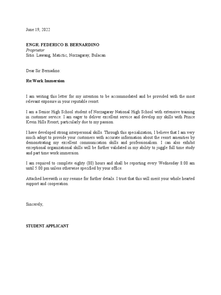 Application Letter - Work Immersion | PDF