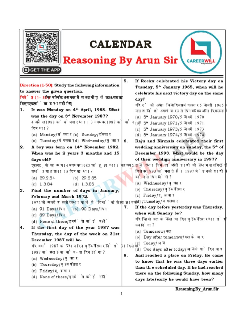 Calendar Reasoning Questions and Answers | PDF | Units Of Measurement ...