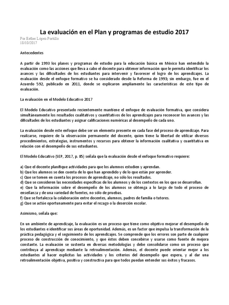 La Evaluación en El Plan y Programas de Estudio 2017 | PDF | Evaluación ...