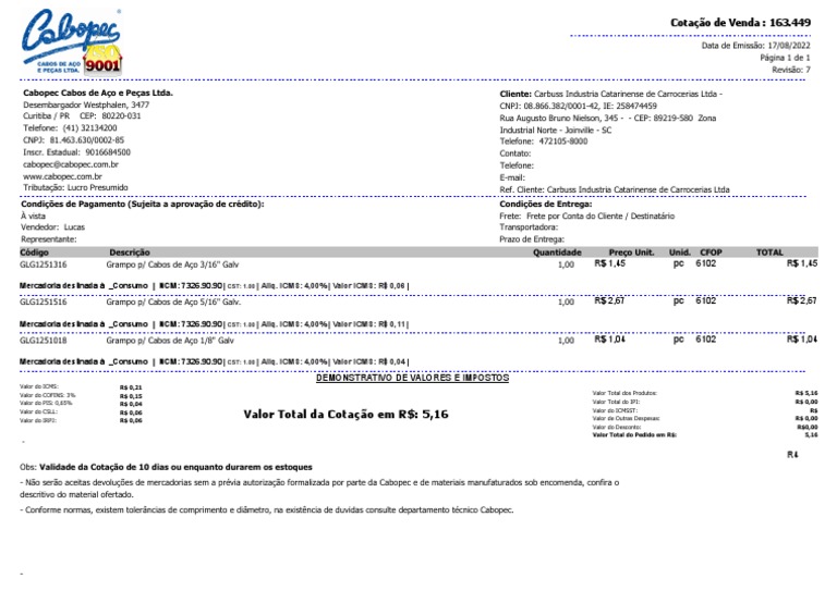 Cotação de Venda de Grampos para