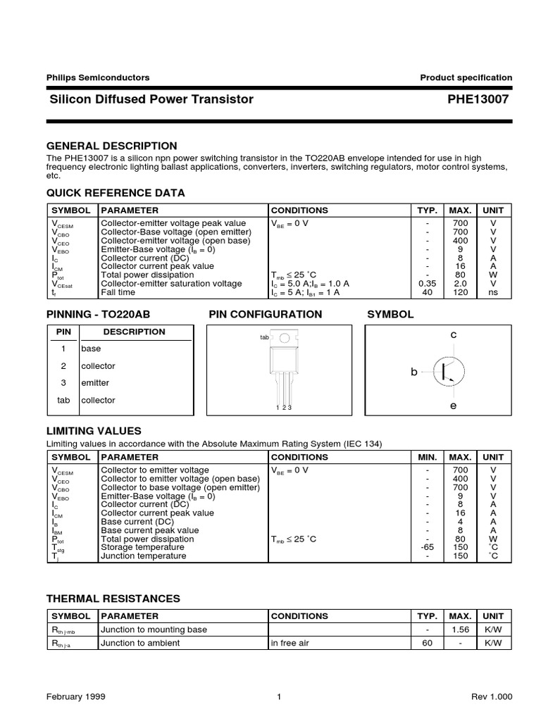 PHE13007 - NPN Transistor, High Frequenci, 700v, 8A, 9v Base | PDF ...