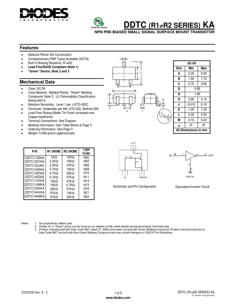 Dtc144wka NPN PreBiased Small Signal Surface Mount Transistor PDF