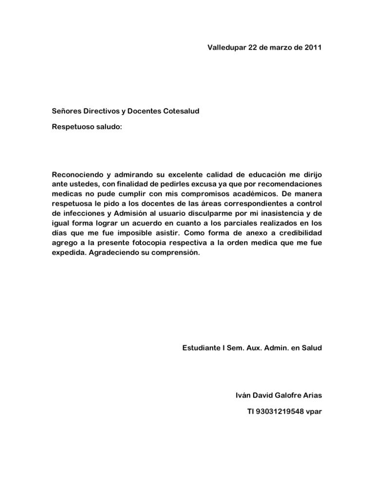 Ejemplo De Excusa Escolar