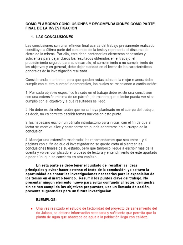 Conclusiones y Recomendaciones en Investigación | PDF