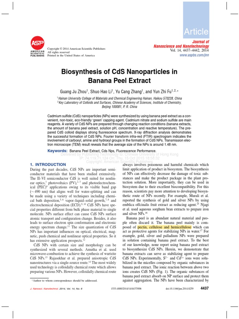 Article Biosynthesis of Cds Nanoparticles in Banana Peel Extract PDF Ph Chemical Equilibrium