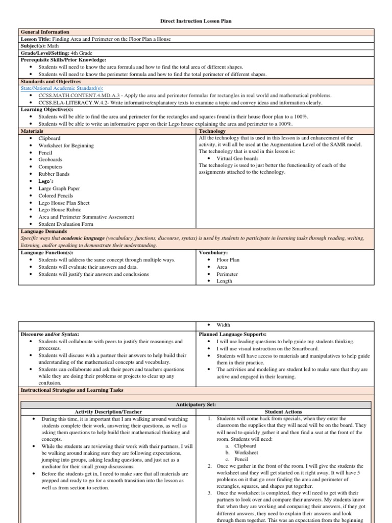 Area and Perimeter Lesson Plan for 4th Grade | PDF | Area | Behavior ...